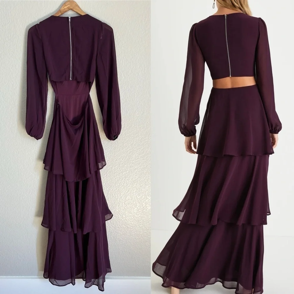 NWOT Garden Bliss Plum Purple Cutout Long Sleeve Tiered Maxi Dress - Picture 3 of 9